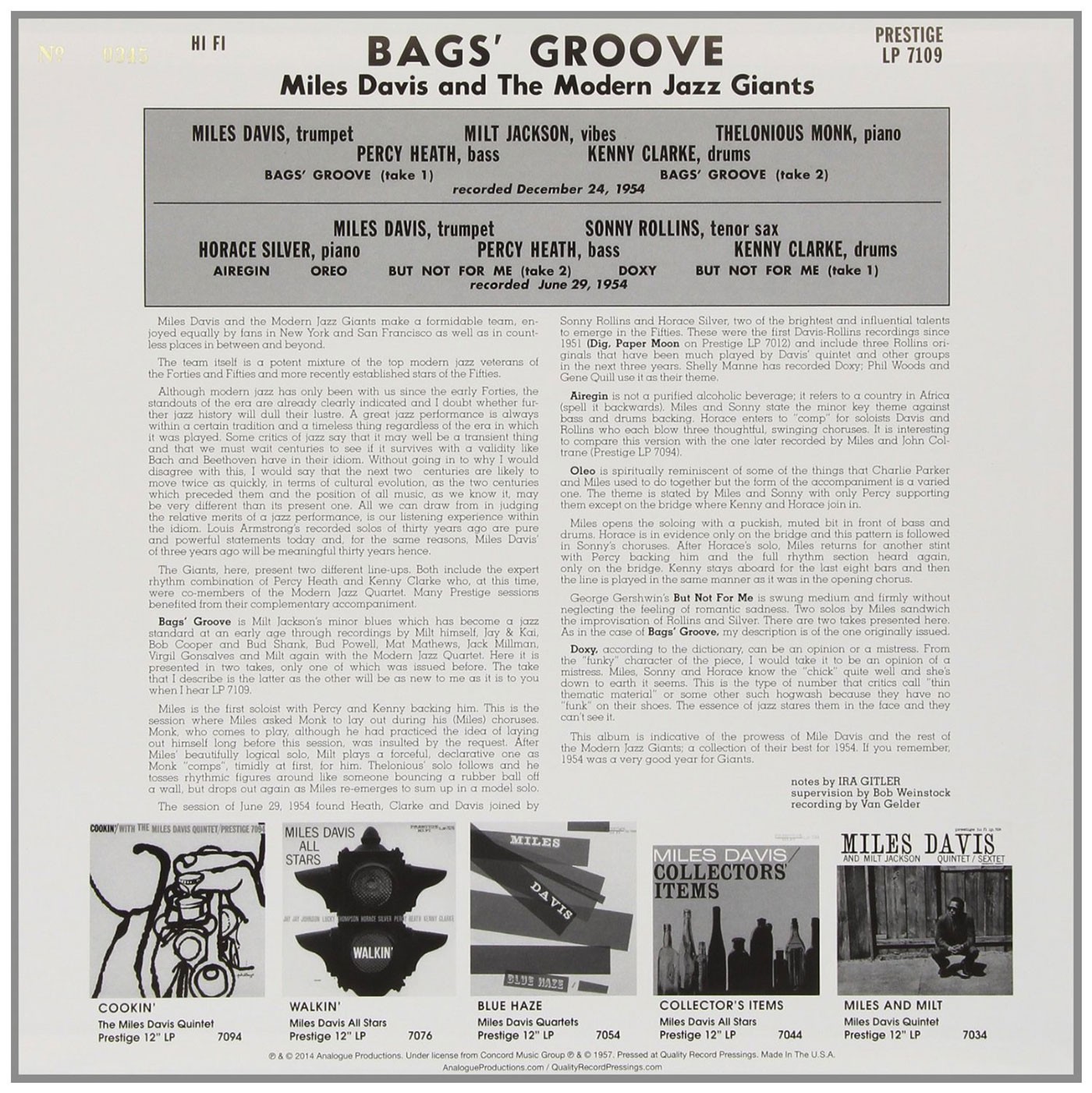 Miles Davis Bags Groove (200gedition) Plak Opus3a
