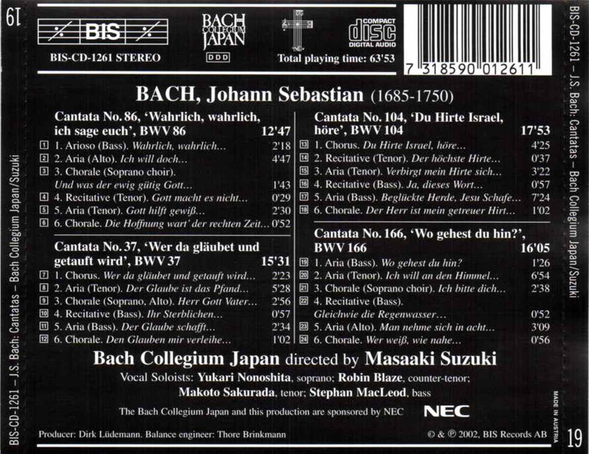 19　166)　(BWV　Bach　Collegium　37,　Suzuki:　104,　Japan,　Bach:　Masaaki　86,　Cantatas,　Vol.　CD　Opus3a