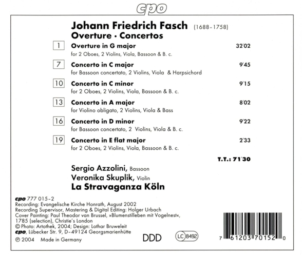 La Stravaganza Köln, Sergio Azzolini, Veronika Skuplik: Fasch: Concertos - CD Foto #2