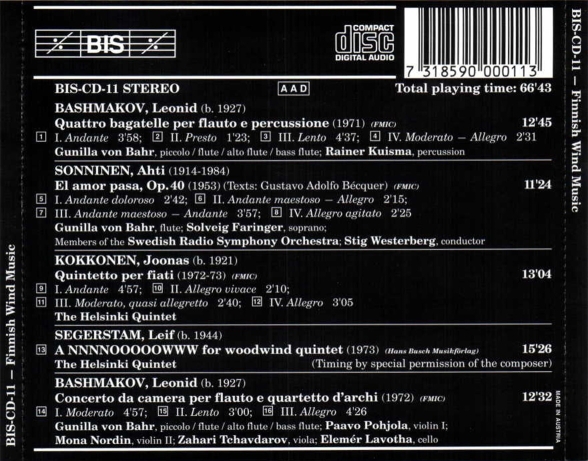 Gunilla von Bahr, Paavo Pohjola, Zahari Tchavdarov, Elemér Lavotha, Rainer Kuisma, Solveig Faringer, Swedish Radio Symphopny Orchestra: Finnish Wind Quintet Music - CD Foto #2
