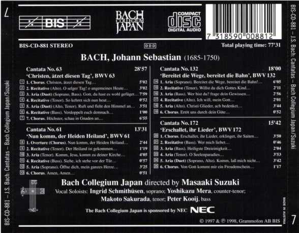 Bach Collegium Japan, Masaaki Suzuki: J.S. Bach: Cantatas, Vol. 7 (BWV 61, 63, 132, 172) - CD Foto #2