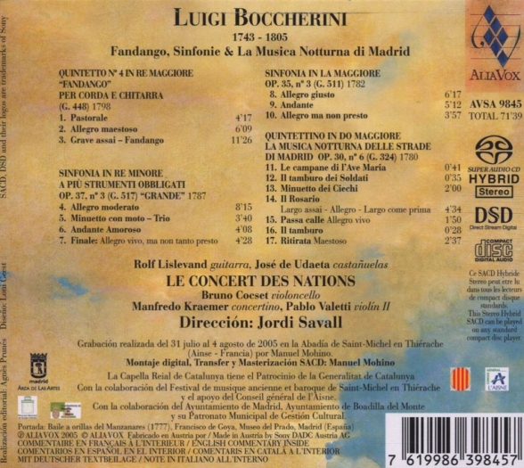 Le Concert des Nations, Jordi Savall: Luigi Boccherini - Fandango, Sinfonie & La Musica Notturna di Madrid - SACD Foto #2