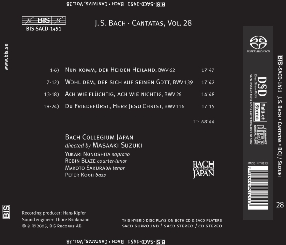 Bach Collegium Japan, Masaaki Suzuki: J.S. Bach: Cantatas, Vol. 28 (BWV 26, 28, 62, 116 and 139) - SACD Foto #2