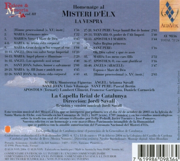 La Capella Reial de Catalunya, Jordi Savall: Homenatge al Misteri d'Elx: La Vespra - CD Foto #2