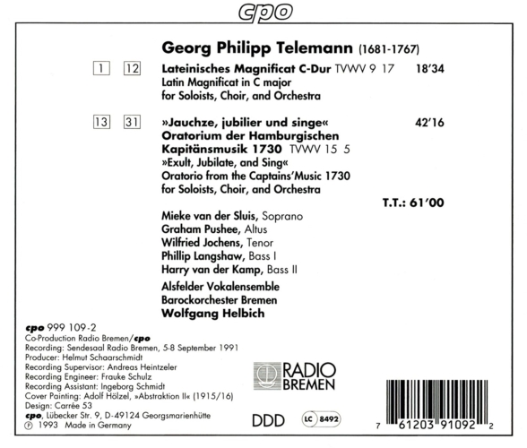 Wolfgang Helbich, Barockorchester Bremen, Alsfelder Vokalensemble: Telemann: Magnificat In C, Hamburgische Kapitänsmusik 1730 - CD Foto #2