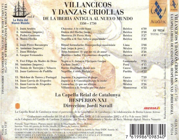 La Capella Reial de Catalunya, Hespèrion XXI, Jordi Savall: Villancicos y Danzas Criollas De la Iberia Antigua al Nuevo Mundo (1550-1750) - CD Foto #2