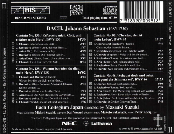 Bach Collegium Japan, Masaaki Suzuki: J.S. Bach: Cantatas, Vol. 11 (BWV 136, 138, 95, 46) - CD Foto #2
