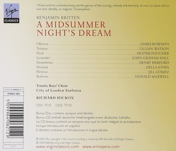 James Bowman, Jill Gomez, Lillian Watson, Della Jones, Donald Maxwell, Henry Herford, City of London Sinfonia, Richard Hickox: Britten: A Midsummer Night's Dream - CD Foto #2