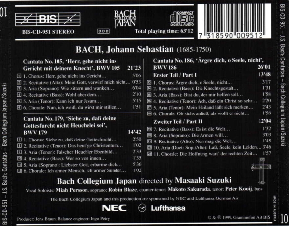 Bach Collegium Japan, Masaaki Suzuki: J.S. Bach: Cantatas, Vol. 10 (BWV 179, 105, 186) - CD Foto #2