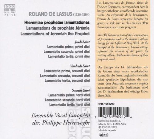 Ensemble Vocal Européen, Philippe Herreweghe: Lassus: Hieremiae Prophetae Lamentationes - CD Foto #2