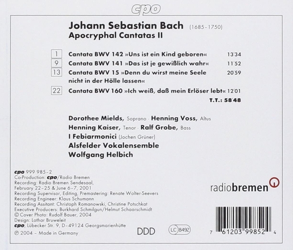 Dorothee Mields, Henning Voss, Henning Kaiser, Ralf Grobe, Alsfelder Vokalensemble, I Febiarmonici, Wolfgang Helbich: J.S. Bach: Apocryphal Cantatas II - BWV 15,141,142,160 - CD Foto #2