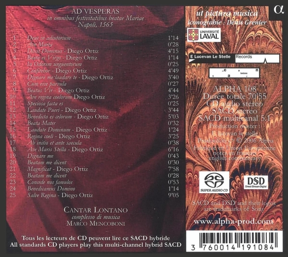 Cantar Lontano, Marco Mencoboni: Diego Ortiz: Ad Vesperas - SACD Foto #2