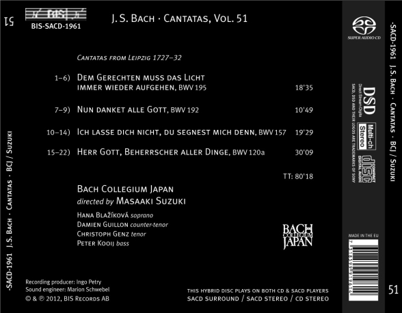 Bach Collegium Japan, Masaaki Suzuki: J.S. Bach: Cantatas, Vol. 51 - SACD Foto #2