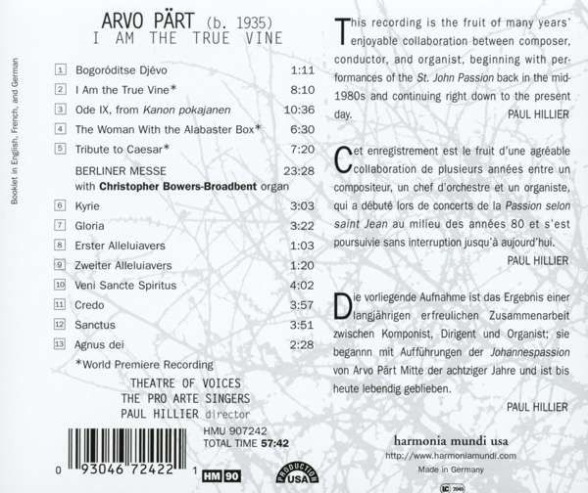 Theatre of Voices, The Pro Arte Singers, Paul Hillier: Pärt: I Am the True Vine - CD Foto #2