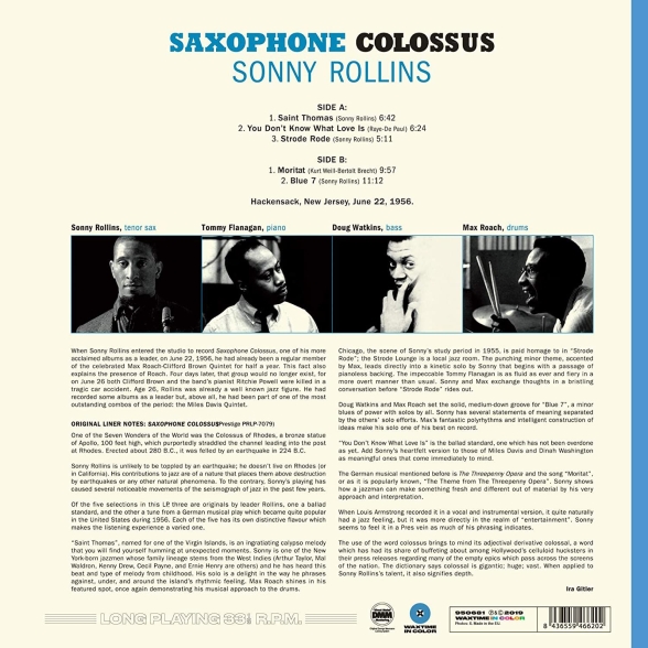 Sonny Rollins: Saxophone Colossus. Limited Edition in Transparent Blue Virgin Vinyl. - Plak Foto #2
