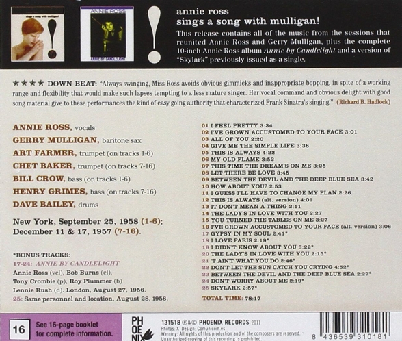 Annie Ross: Sings A Song With Mulligan + 9 Bonus Tracks - CD Foto #2