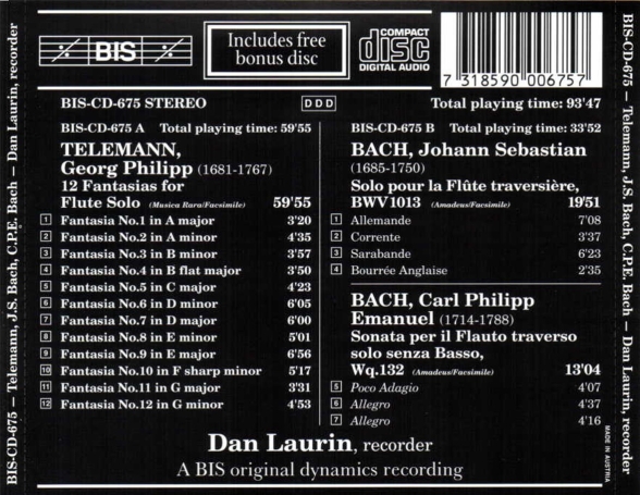 Dan Laurin: Telemann; J.S. Bach; C.P.E. Bach for recorder solo - CD Foto #2