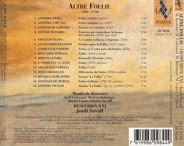 Manfredo Kraemer, Jordi Savall, Hespèrion XXI: Altre Follie (1500 - 1750) - CD Foto #2