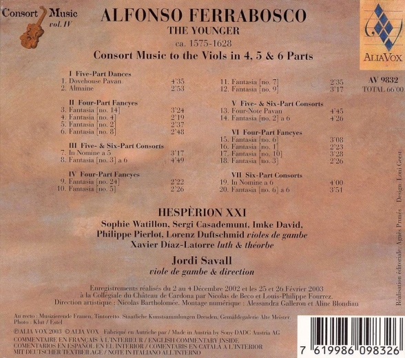 Hespèrion XXI, Jordi Savall: Alfonso Ferrabosco The Younger Consort Music to the viols in 4, 5 & 6 parts - CD Foto #2
