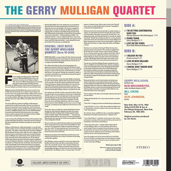 Gerry Mulligan: The Gerry Mulligan Quartet (feat Bob Brookmeyer, Bill Crow, Gus Johnson) - Plak Foto #2