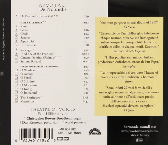Theatre of Voices, Paul Hillier: Pärt: De Profundis - CD Foto #2