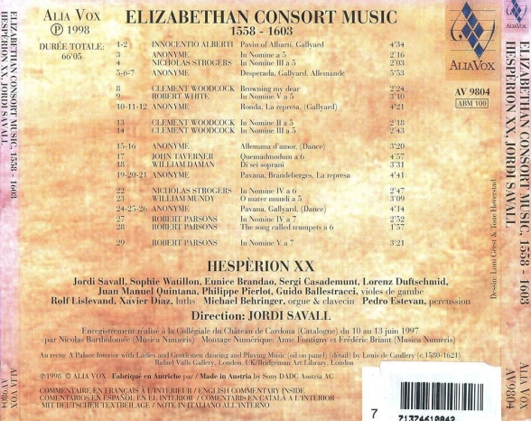 Hesperion XX, Jordi Savall: Elizabethan Consort Music Volume 1 : 1558 - 1603 - CD Foto #2