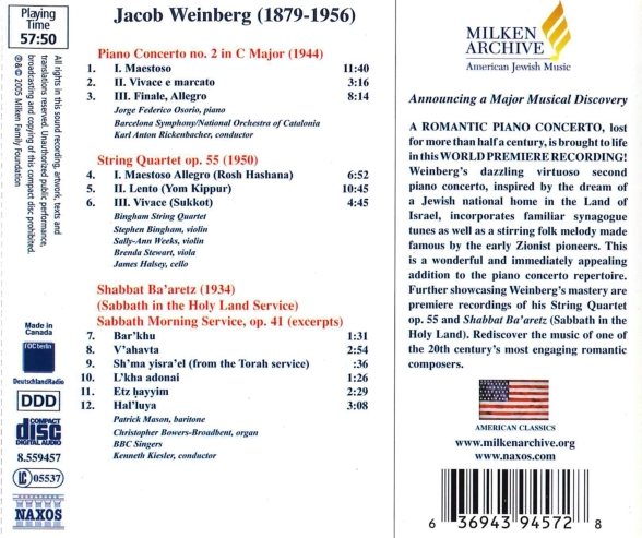Jorge Federico Osorio: Jacob Weinberg: Piano Concerto No. 2; String Quartet, Op. 55; Shabbat Ba'aretz Sabbath in the Holy Land Milken Archive of American Jewish Music - CD Foto #2