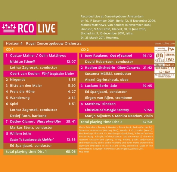 Concertgebouw Orchestra Amsterdam: Royal Concertgebouw Orchestra - Horizon 4 (Mahler, Van Keulen, Glanert) - SACD Foto #2