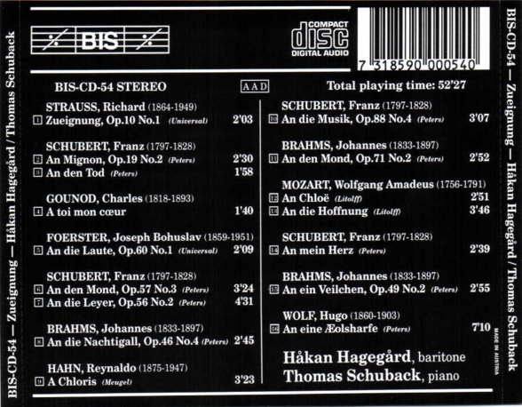 Håkan Hagegård, Thomas Schuback: Zueignung - Dedication. Songs for Baritone - CD Foto #2