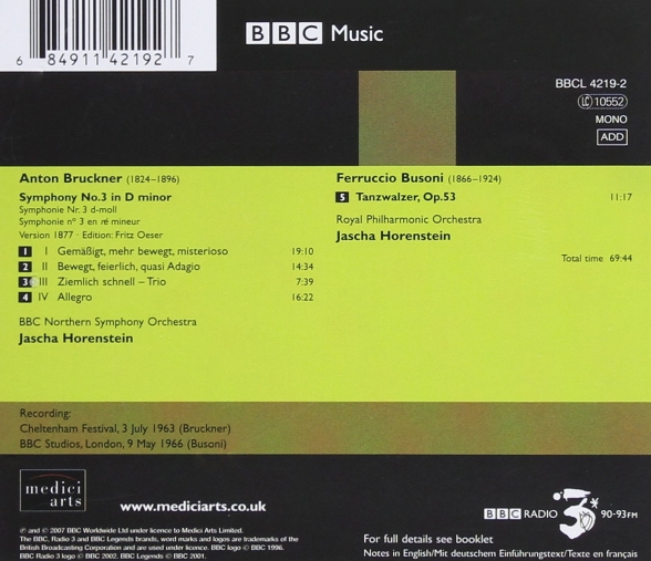 Jascha Horenstein, BBC Northern Symphony Orchestra, Royal Philharmonic Orchestra: Bruckner, Busoni: Symphony No. 3, Tanzwalzer - CD Foto #2