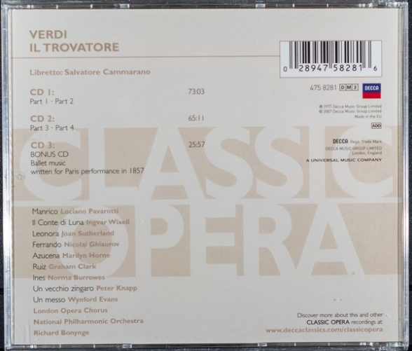 Luciano Pavarotti, Dame Joan Sutherland, Ingvar Wixell, Choir of London, National Philharmonic Orchestra, Richard Bonynge: Verdi: Il Trovatore - CD Foto #2