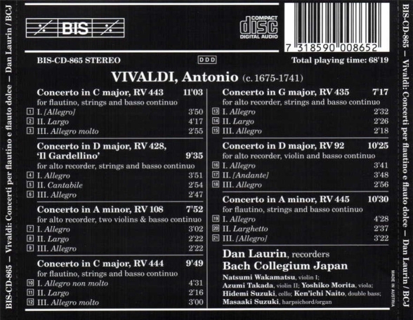 Dan Laurin, Bach Collegium Japan: Vivaldi: Concerti per flautino e flauto dolce - CD Foto #2