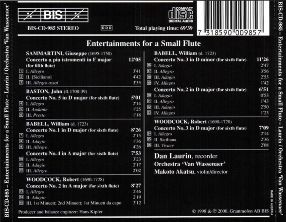 Dan Laurin: Entertainments for a Small Flavta - CD Foto #2