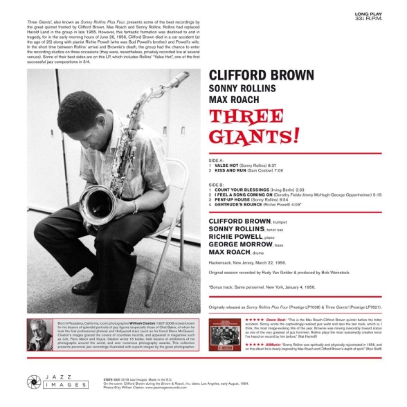 Clifford Brown, Sonny Rollins, Max Roach, Richie Powell, George Morrow: Clifford Brown, Sonny Rollins, Max Roach - Three Giants! (Gatefold Packaging. Photographs By William Claxton) - Plak Foto #2