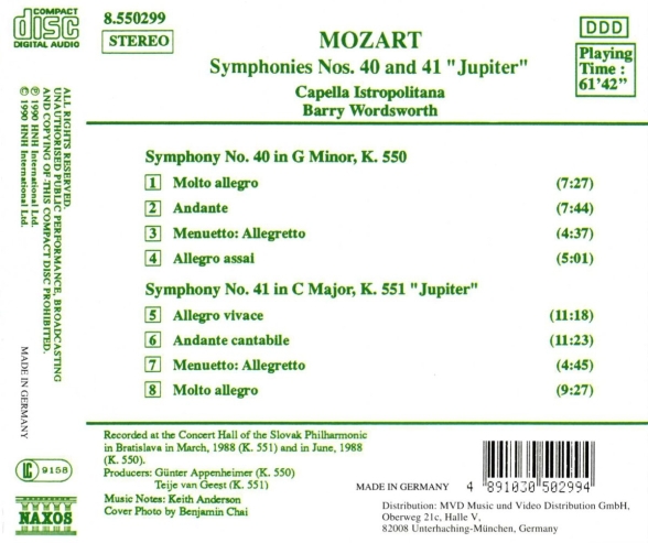 Capella Istropolitana, Wolfgang Amadeus Mozart, Barry Wordsworth: Mozart: Symphonies Nos. 40 and 41 - CD Foto #2