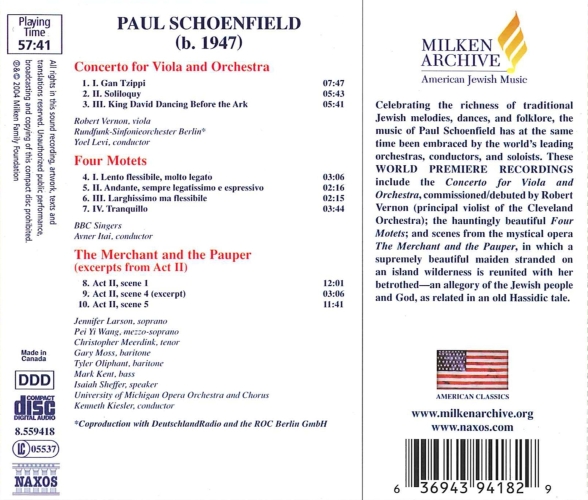 Yoel Levi, Rundfunk-Sinfonieorchester Berlin, Robert Vernon: Paul Schoenfield: Concerto for Viola & Orchestra; Four Motets; The Merchant and the Pauper - CD Foto #2
