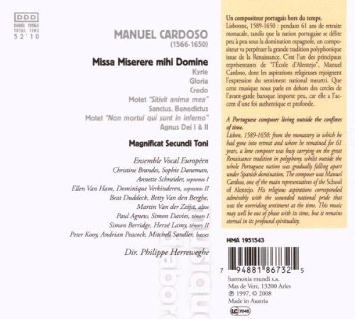 Ensemble Vocal Européen, Philippe Herreweghe: Cardoso: Missa Miserere mihi Domini, Magnificat - CD Foto #2
