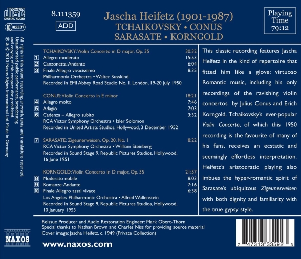 Jascha Heifetz: Tchaikovsky, Conus, Korngold: Violin Concertos - CD Foto #2