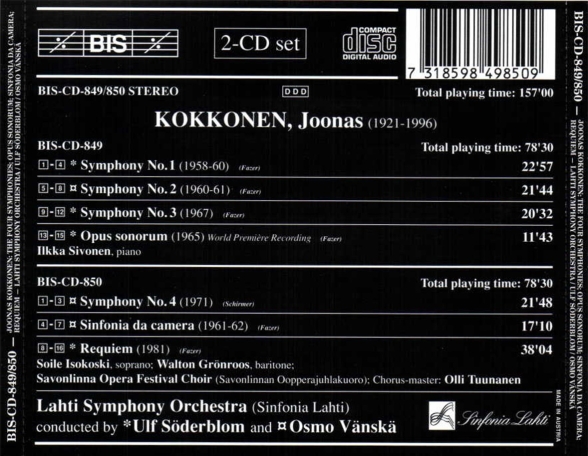Savonlinna Opera Festival Choir, Lahti Symphony Orchestra, Ulf Söderblom, Osmo Vänskä: Kokkonen: The Four Symphonies - CD Foto #2