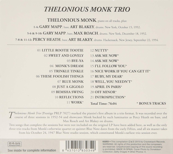 Thelonious Monk: Trio + 10 Bonus Tracks - CD Foto #2