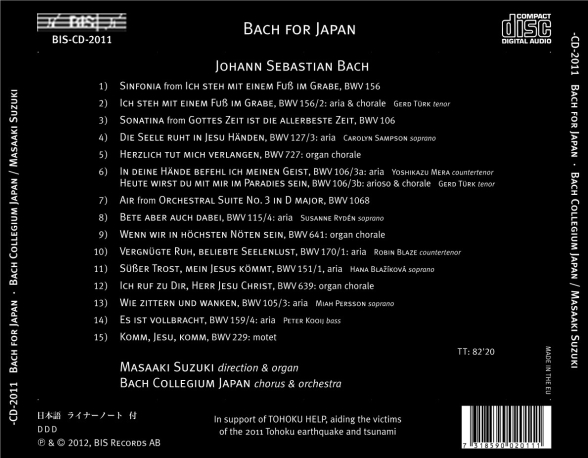 Bach Collegium Japan, Masaaki Suzuki: J.S. Bach: for Japan - CD Foto #2