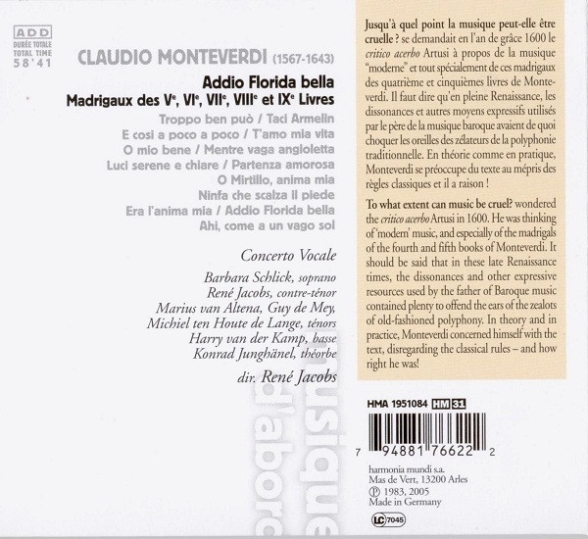 Concerto Vocale, René Jacobs: Monteverdi: Addio Florida Bella - CD Foto #2