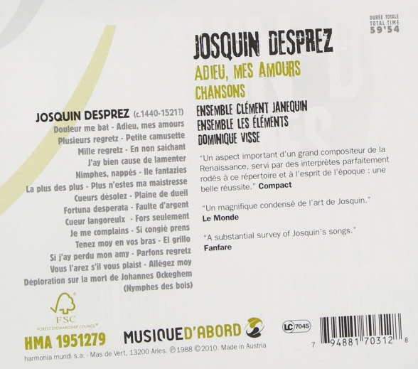 Ensemble Clément Janequin, Dominique Visse: Josquin Desprez: Adieu, mes Amours - Chansons - CD Foto #2