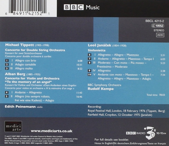 Edith Peinemann, Rudolf Kempe, BBC Symphony Orchestra: Tippett, Berg, Janáček: Concerto for Double String Orchestra / Violin Concerto, Sinfonietta - CD Foto #2