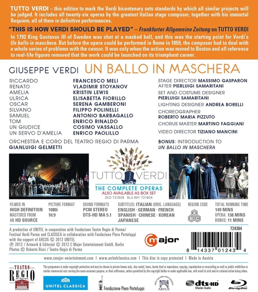 Francesco Meli, Vladimir Stoyanov, Kristin Lewis, Elisabetta Fiorillo, Serena Gamberoni, Filippo Polinelli, Orchestrea del Teatro Regio di Parma, Gianluigi Gelmetti: Verdi: Ballo In Maschera - BluRay Foto #2