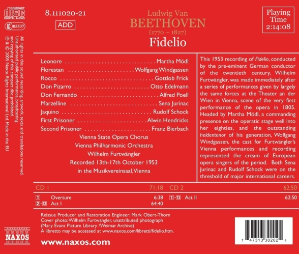 Wolfgang Windgassen, Martha Mödl, Sena Jurinac, Gottlob Frick, Rudolf Schock, Alfred Poell, Wiener Philharmoniker, Wilhelm Furtwängler: Beethoven: Fidelio - CD Foto #2