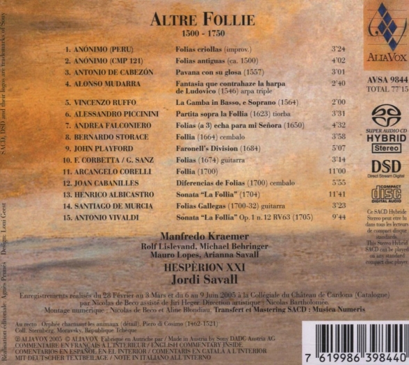 Manfredo Kraemer, Jordi Savall, Hespèrion XXI: Altre Follie (1500 - 1750) - SACD Foto #2
