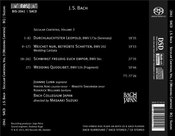 Bach Collegium Japan, Masaaki Suzuki: J.S. Bach: Secular Cantatas, Vol. 3 - SACD Foto #2